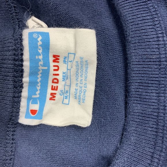 Champion Vintage 1990s Medium Tee Shirt Embroidery Script Logo Navy Blue Short S - Picture 3 of 3